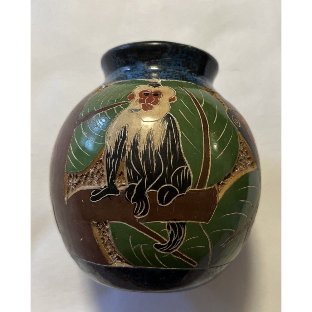 Nicaragua Folk Art Pottery Hand Carved Etched Monkey Bird Butterfly Tropical
